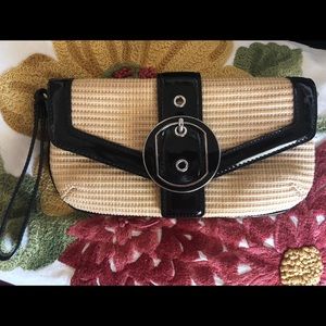 Ann Taylor straw black patent clutch wristlet Mint